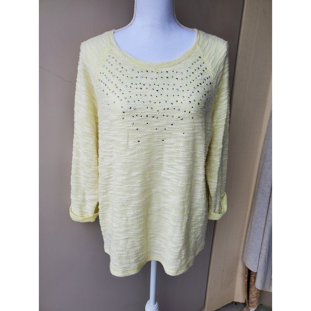 Chicos 2 Weekends Top Womens Large Yellow Embellished Lightweight Pastel Spring